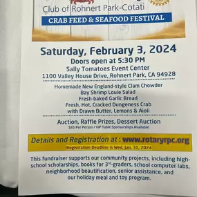 Rotary Club of Rohnert Park Cotati will be hosting a Crab Feed on February 3rd at 5:30pm. 
This is our primary fundraiser and a great time. Please register at www.rotaryrpc.org