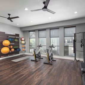24-hour yoga and spin room in the Villas Fitness Center at Camden Greenville apartments in Dallas, TX