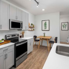 Flats one bedroom dining room and kitchen with gray countertops at Camden Greenville