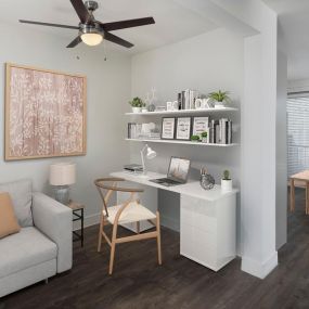 Flats flex space shown with a desk and reading nook