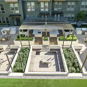 Aerial view of outdoor courtyard with seating and grill area at Camden Greenville