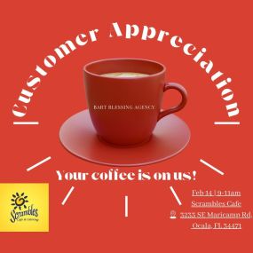 We would like to share some love this month with coffee on us! ☕️Join us on Valentine’s Day Feb 14 from 9am-11am at Scrambles Cafe flash your ID card displaying our office for your coffee to be on us! We appreciate you all, can’t wait to see you there❣️