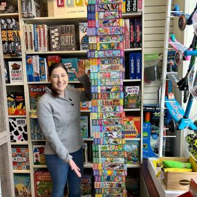 We are ready for National Puzzle Month with this epic restock from @eeboopieceandlove That tall stack is all 500 and 1000 piece puzzles, one of each style that we ordered, no repeats — so you have A LOT to choose from. We are also restocked on 100 piece puzzles, 48 piece giant floor puzzles and new 20 piece puzzles for our youngest friends.
