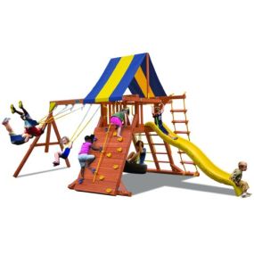 Classic Playcenter -Your child’s imagination will soar on this Classic Playcenter.  Includes Rock Wall, Step/Rung Ladder, 10′ Wave Slide, 3 Position Swing Beam, Vinyl Roof, Climbing Ladder, and Accessory Arm with Trapeze Bar.  This unique A-frame design allows for flexibility in unlevel yards.  All these features will keep your kids active for hours and hours of fun!