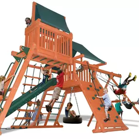 The Playground One Turbo Original Playcenter Combo 4 is the definition of a complete activity center.
This swing set has it all!  From the rockwall to the step/rung entry ladder to the 360° tire swing plus a huge monkey bar with the 2nd level skyloft on top of the monkey bars will entertain your children for hours.
Call (615) 595-5582 to start building backyard memories that last a lifetime