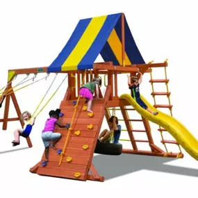 Classic Playcenter -Your child’s imagination will soar on this Classic Playcenter.  Includes Rock Wall, Step/Rung Ladder, 10′ Wave Slide, 3 Position Swing Beam, Vinyl Roof, Climbing Ladder, and Accessory Arm with Trapeze Bar.  This unique A-frame design allows for flexibility in unlevel yards.  All these features will keep your kids active for hours and hours of fun!