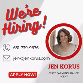 Jen Johnston State Farm Insurance agency Hiring Now for Sales Positions! Give our office a call today!