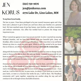 I want to use this opportunity to thank you from the bottom of my heart. Taking care of
you and your family is a responsibility that I don't take for granted and I'm forever
grateful for your support these last 10 years in Woodbury. I'm excited for the future and
look forward to continuing our relationship together.