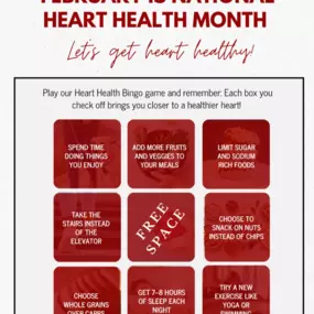 Heart Health Bingo! How many boxes can you check off this month? From adding veggies to your plate to getting extra steps in, every small change helps your heart stay strong and healthy.