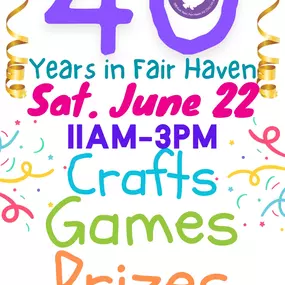 Please join us as we celebrate 40 years of #Fun in #fairhaven
There will be #games #crafts and #prizes for everyone!