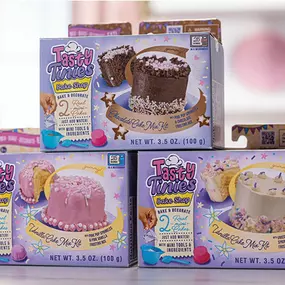 Kids can create real, edible tiny cakes in different shapes and add festive flair with sprinkles and frosting. Each set — available in chocolate, strawberry, or vanilla cakes in eight flavor combinations — comes with tiny tools.