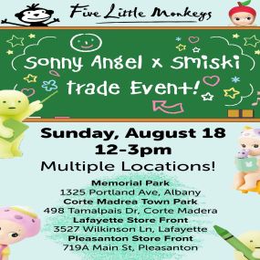 Our next Sonny Angel x Smiski Trading Event is coming up on August 18th from 12-3! 
Visit us at any of these locations:
????Memorial Park1325 Portland Ave, Albany????Corte Madrea Town Park498 Tamalpais Dr, Corte Madera????Lafayette Store Front3527 Wilkinson Ln, Lafayette????Pleasanton Store Front719A Main St, Pleasanton
????????
We’ll have giveaways, raffles, trading, and plenty of Sonny Angel, Smiski, and blind bags for sale!
Stay tuned for more clues about giveaways, raffles, and what series w