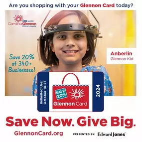 Get your holiday shopping done early AND support a good cause during #GlennonCard days!
Purchase your Glennon Card today in store or at GlennonCard.org and save 20%
October 18-27 at 340+ local businesses.