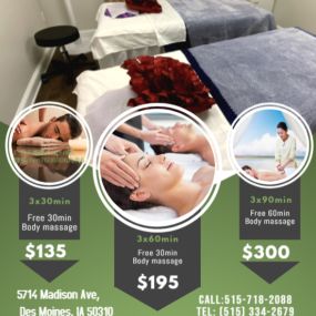 Sen Mei Massage is the place where you can have tranquility, absolute unwinding and restoration of your mind, 
soul, and body. We provide to YOU an amazing relaxation massage along with therapeutic sessions 
that realigns and mitigates your body with a light to medium touch utilizing smoother strokes.