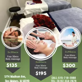 Sen Mei Massage is the place where you can have tranquility, absolute unwinding and restoration of your mind, 
soul, and body. We provide to YOU an amazing relaxation massage along with therapeutic sessions 
that realigns and mitigates your body with a light to medium touch utilizing smoother strokes.