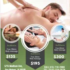 The full body massage targets all the major areas of the body that are most subject to strain 
and discomfort including the neck,back, arms, legs, and feet. If you need an area of the body 
that you feel needs extra consideration, such as an extra sore neck or back, feel free to make 
your massage therapist aware and they will be more than willing to accommodate you.