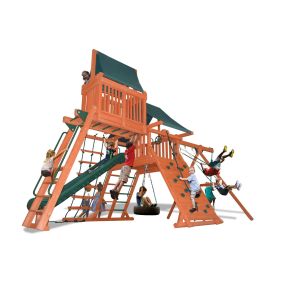 The Playground One Turbo Original Playcenter Combo 4 is the definition of a complete activity center.
This swing set has it all!  From the rockwall to the step/rung entry ladder to the 360° tire swing plus a huge monkey bar with the 2nd level skyloft on top of the monkey bars will entertain your children for hours.
