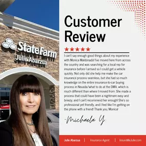 Thanks so much for sharing your experience, Michaela! I'm really glad Monica could make your transition to Nevada so smooth and help with the car insurance and DMV process. It's lovely to know she made everything easy and breezy for you! Monica's professionalism and friendliness are genuinely appreciated. If you need any further assistance, we're here for you!