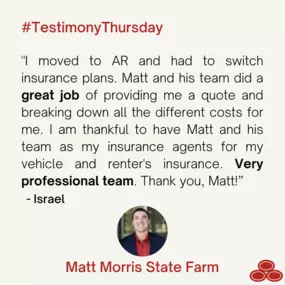 Happy Thursday Y’all! Give us a call at 501-568-3222 for the same wonderful insurance experience as Israel.

#InsureLittleRock #MattMorrisStateFarm #BestTeam