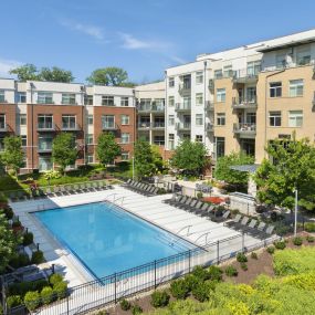 Aerial view of resort-style pool and sundeck at Camden Franklin Park apartments in Franklin, TN