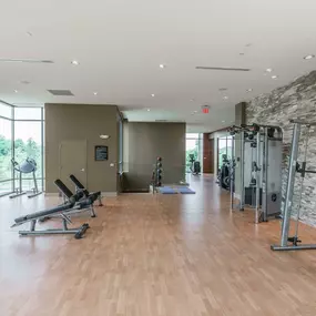 Fitness center with strength training equipment and free weights