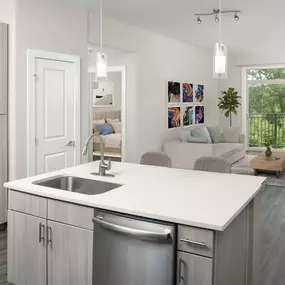 Living Room with light finish kitchen and wood-style flooring at Camden Franklin Park