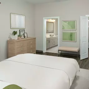 Bedroom with wood-style flooring and attached walk-in closet and bathroom that includes light gray cabinetry.