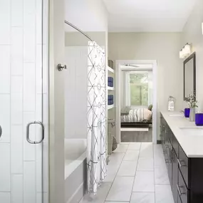 Bathroom with dark finish, bathtub and walk-in shower at Camden Franklin Park