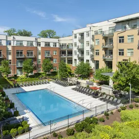 Aerial view of resort-style pool and sundeck at Camden Franklin Park apartments in Franklin, TN