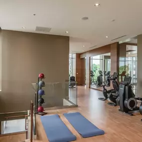 Two-story fitness center with cardio training and yoga equipment