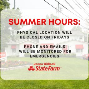 SUMMER HOURS: Starting today the physical office will be closed on Fridays to allow my team some extra time to spend with their young families. We will be checking voicemails and emails periodically in case there are any emergencies. ???? (614) 764-2411 #likeagoodneighborstatefarmisthere
