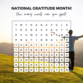 Let's Play! Celebrate Gratitude Month with this fun word search! How many words can you find? Share your score and tag someone you're grateful for! ????
????12396 World Trade Dr Ste 113
San Diego, CA 92128
☎️ (858) 679-2880
????????14 Creekside Dr #106, San Marcos, CA 92078
☎️☎️ (760) 621-6247 (San Marcos)