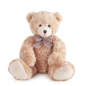 Huggable, adorable and ready to cuddle. Our Lotsa Love teddy bear wears a checkered brown bowtie to match his cream-colored, plush fur.