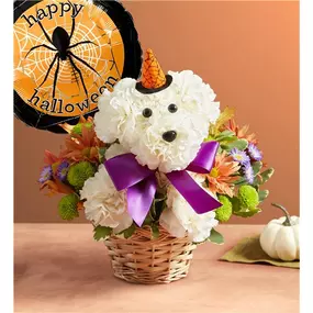 Our truly original a-DOG-able will cast its spell this Halloween! Crafted from fresh, white carnations, vibrant blooms all around, this canine creation comes complete with a witch’s hat, creating a frighteningly fun gift for Halloween parties or fall birthdays. Add our Happy Halloween Mylar balloon to really lift their spirits. One-sided 3D arrangement with white carnations, autumn-colored daisy poms, purple monte casino, green button poms; accented with assorted greenery and dried oak leaves Cr