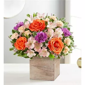 Chic meets sweet. Our new bouquet flaunts fresh spring style, gathered with a mix of orange, pink, peach and lavender blooms.
