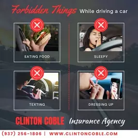 ???????? Stay Safe on the Road! ????????

Avoid these dangerous habits while driving:
❌ Eating Food
❌ Driving Sleepy
❌ Texting
❌ Dressing Up

Your safety is our priority! Contact Clinton Coble Insurance Agency for more tips and coverage options.