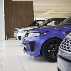 Land Rovers inside the Cardiff showroom