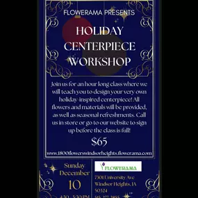 Join us Sunday, December 10 for a holiday centerpiece workshop! Call, stop in, or go to our website to sign up ????