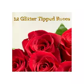 Send a dozen beautiful long-stemmed red roses with silver or gold glitter arranged with leather leaf and baby's breath. Our glittered roses are the perfect way to add a little 