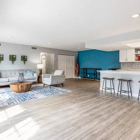 Large living room with kitchen