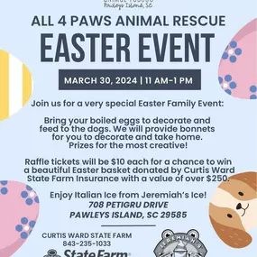 Next Saturday!  The community is invited to a free Family Easter Event at All 4 Paws ????sponsored by Curtis Ward of State Farm.  Join us at the rescue for festivities and buy raffle tickets to win one of 2 children's Easter baskets filled with $100 and Easter goodies or an amazing adult basket which includes $100 to Frank's, $50 to NY Butcher Shop and more!  Click below for more info and to purchase raffle tickets to support All 4 Paws adoptable animals.   Jeremiah's Italian Ice for purchase.