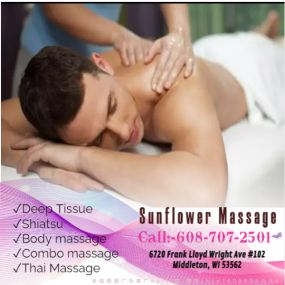 Sunflower Massage is the place where you can have tranquility, absolute unwinding and restoration of your mind, 
soul, and body. We provide to YOU an amazing relaxation massage along with therapeutic sessions 
that realigns and mitigates your body with a light to medium touch utilizing smoother strokes.