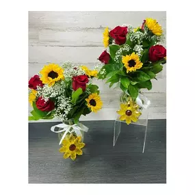 Everyone loves sunflowers and roses! We have paired them together and added baby's breath in a unique vase! Send some sunshine today! We strive to send the freshest flowers so to ensure lasting beauty, some flowers may arrive in bud form and will fully bloom over a few days. The benefit is that they will last longer for the recipient to enjoy!