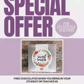 We have a special offer for students and teachers!! Come in the store and show your student or teacher ID and you will receive a FREE box of chocolates! Expires 8/31 or until supplies lasts ????