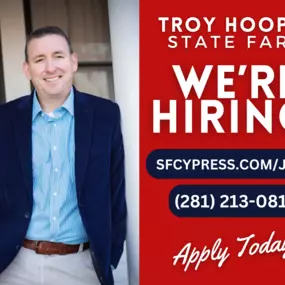 Join our team at Troy Hooper State Farm Insurance Agency and make a difference in people’s lives. We are hiring for multiple positions at our office in Cypress, Texas.

Apply for a rewarding career with potential for growth!