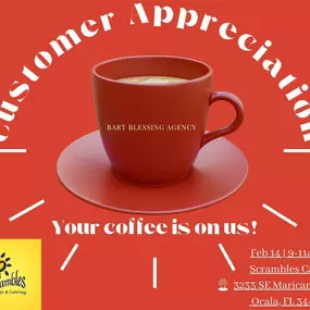 We would like to share some love this month with coffee on us! ☕️Join us on Valentine’s Day Feb 14 from 9am-11am at Scrambles Cafe flash your ID card displaying our office for your coffee to be on us! We appreciate you all, can’t wait to see you there❣️