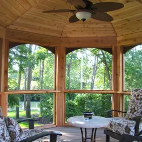 Experience refined outdoor living with this luxurious gazebo interior by Cedar Works in Commerce Charter Twp, MI. Designed with premium finishes, ambient lighting, and custom detailing, this elegant space offers a peaceful retreat for relaxing or entertaining year-round.