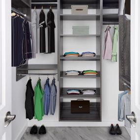 The spacious closet in the penthouse apartments at Camden Central in St Petersburg, Florida feature a closet organizing system.