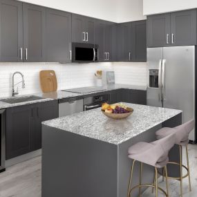The kitchen at Camden Central apartments in St Petersburg, Florida features a beverage refrigerator.