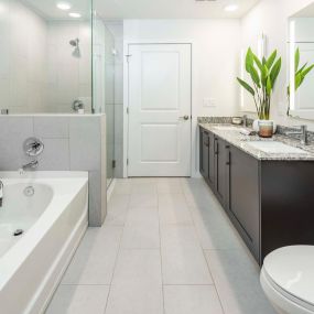 Gorgeous double sink vanity with an LED mirror, bathtub and separate walk in shower at Camden Central Apartments in St. Petersburg, FL.
